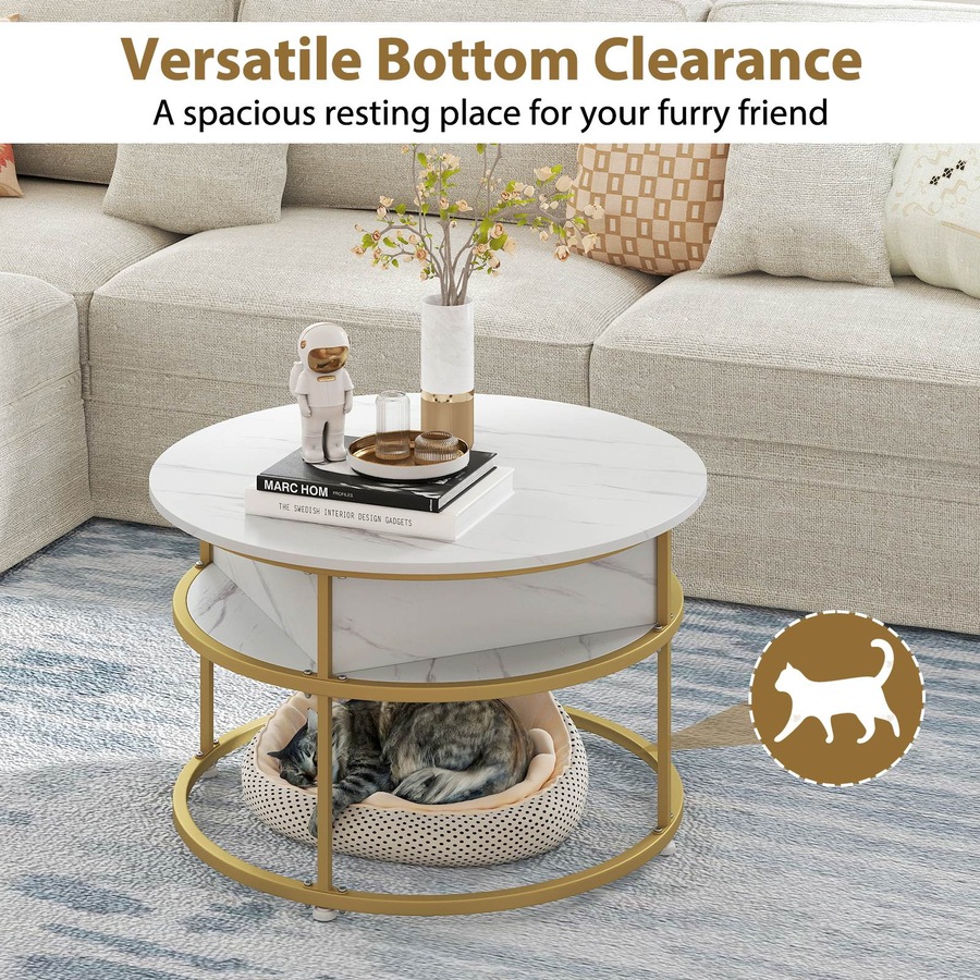 Costway 2-Tier Round Lift Top Coffee Table Center Cocktail Table w/Compartment Side Shelves Living Room White
