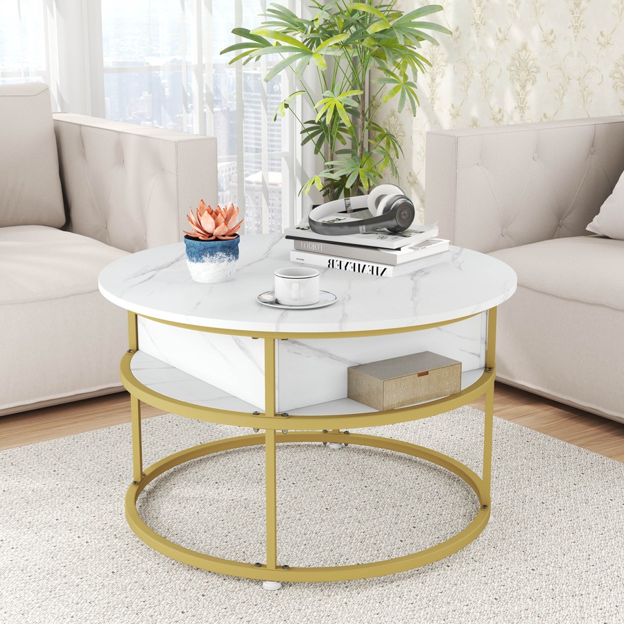 Costway 2-Tier Round Lift Top Coffee Table Center Cocktail Table w/Compartment Side Shelves Living Room White