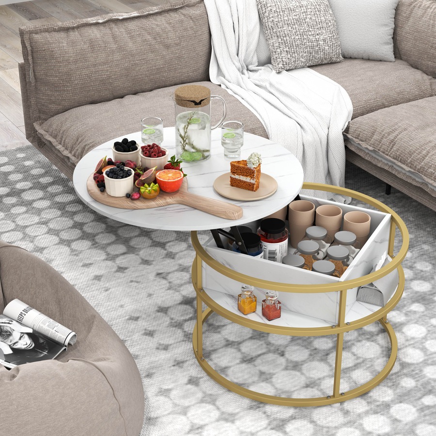 Costway 2-Tier Round Lift Top Coffee Table Center Cocktail Table w/Compartment Side Shelves Living Room White