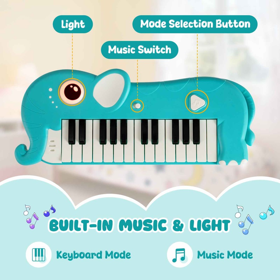 Costway 25-Key Piano Keyboard Elephant Shape Toy Piano Portable Musical Instrument w/Music & Light Blue