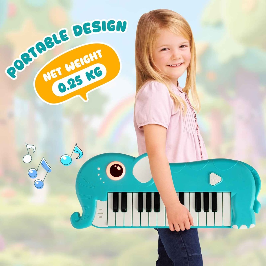 Costway 25-Key Piano Keyboard Elephant Shape Toy Piano Portable Musical Instrument w/Music & Light Blue
