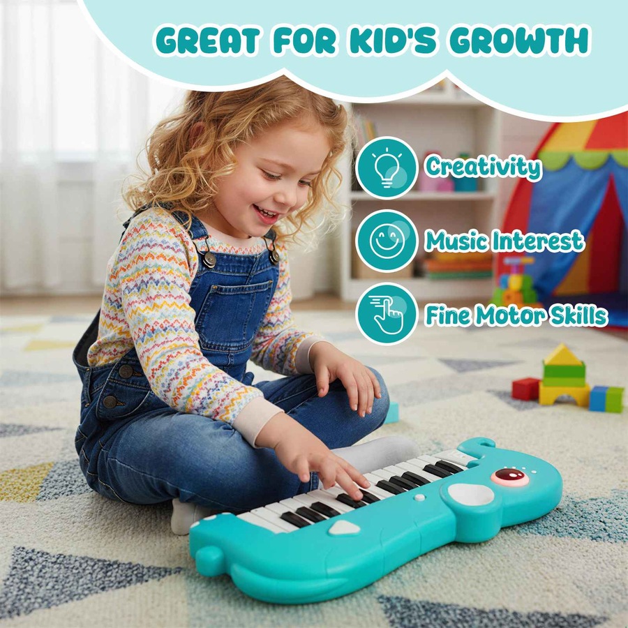 Costway 25-Key Piano Keyboard Elephant Shape Toy Piano Portable Musical Instrument w/Music & Light Blue