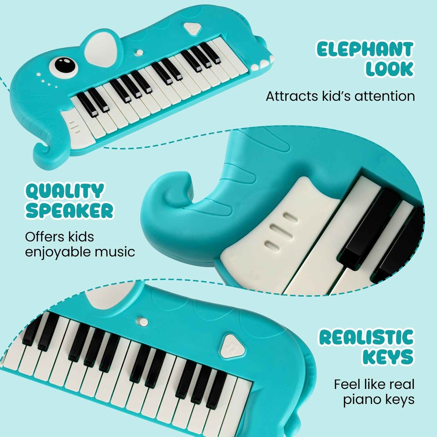 Costway 25-Key Piano Keyboard Elephant Shape Toy Piano Portable Musical Instrument w/Music & Light Blue