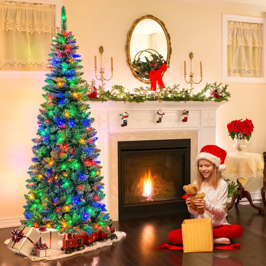 Costway 2M Pre-lit Christmas Tree PVC Tips Slim Xmas Tree Hinged w/Multicolor Lights Holiday Home Decor