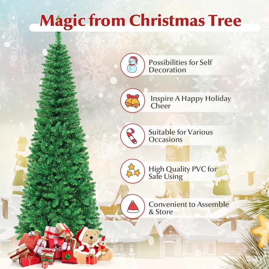 Costway 2M Pre-lit Christmas Tree PVC Tips Slim Xmas Tree Hinged w/Multicolor Lights Holiday Home Decor