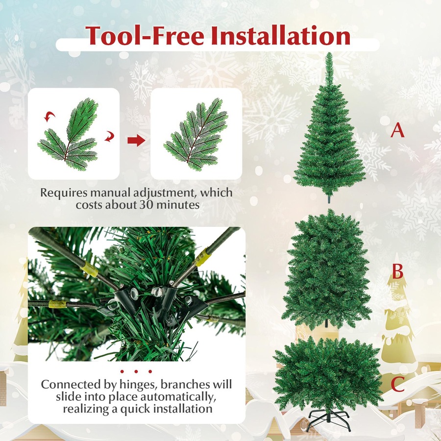 Costway 2M Pre-lit Christmas Tree PVC Tips Slim Xmas Tree Hinged w/Multicolor Lights Holiday Home Decor