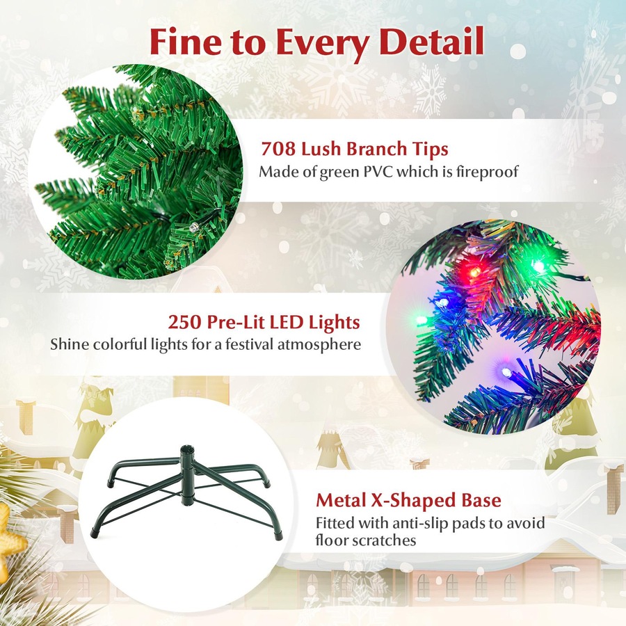 Costway 2M Pre-lit Christmas Tree PVC Tips Slim Xmas Tree Hinged w/Multicolor Lights Holiday Home Decor