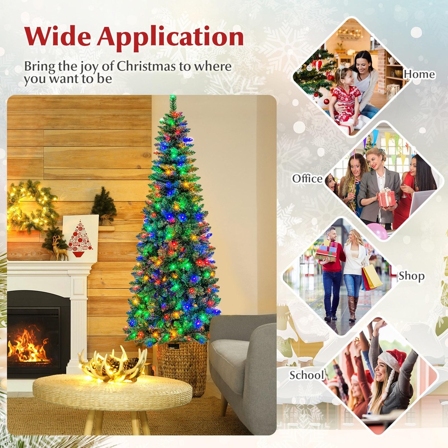 Costway 2M Pre-lit Christmas Tree PVC Tips Slim Xmas Tree Hinged w/Multicolor Lights Holiday Home Decor