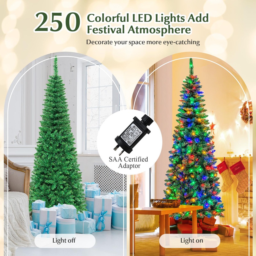 Costway 2M Pre-lit Christmas Tree PVC Tips Slim Xmas Tree Hinged w/Multicolor Lights Holiday Home Decor