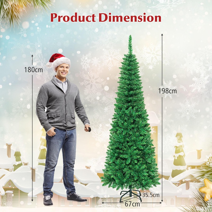 Costway 2M Pre-lit Christmas Tree PVC Tips Slim Xmas Tree Hinged w/Multicolor Lights Holiday Home Decor