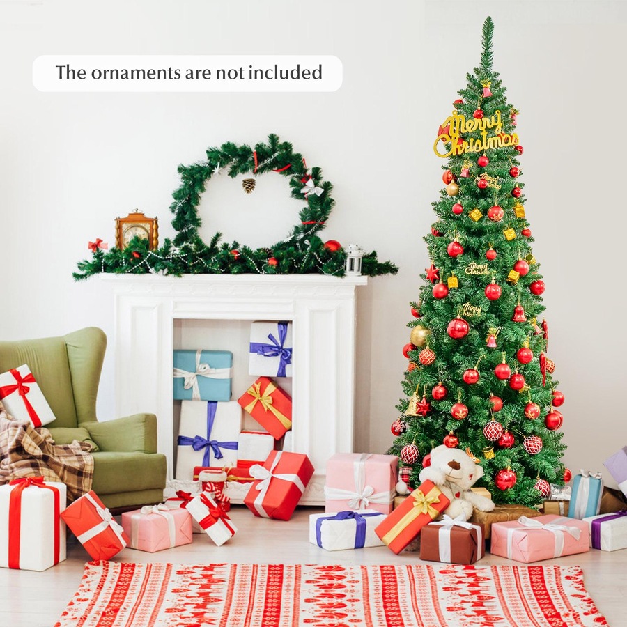 Costway 2M Pre-lit Christmas Tree PVC Tips Slim Xmas Tree Hinged w/Multicolor Lights Holiday Home Decor