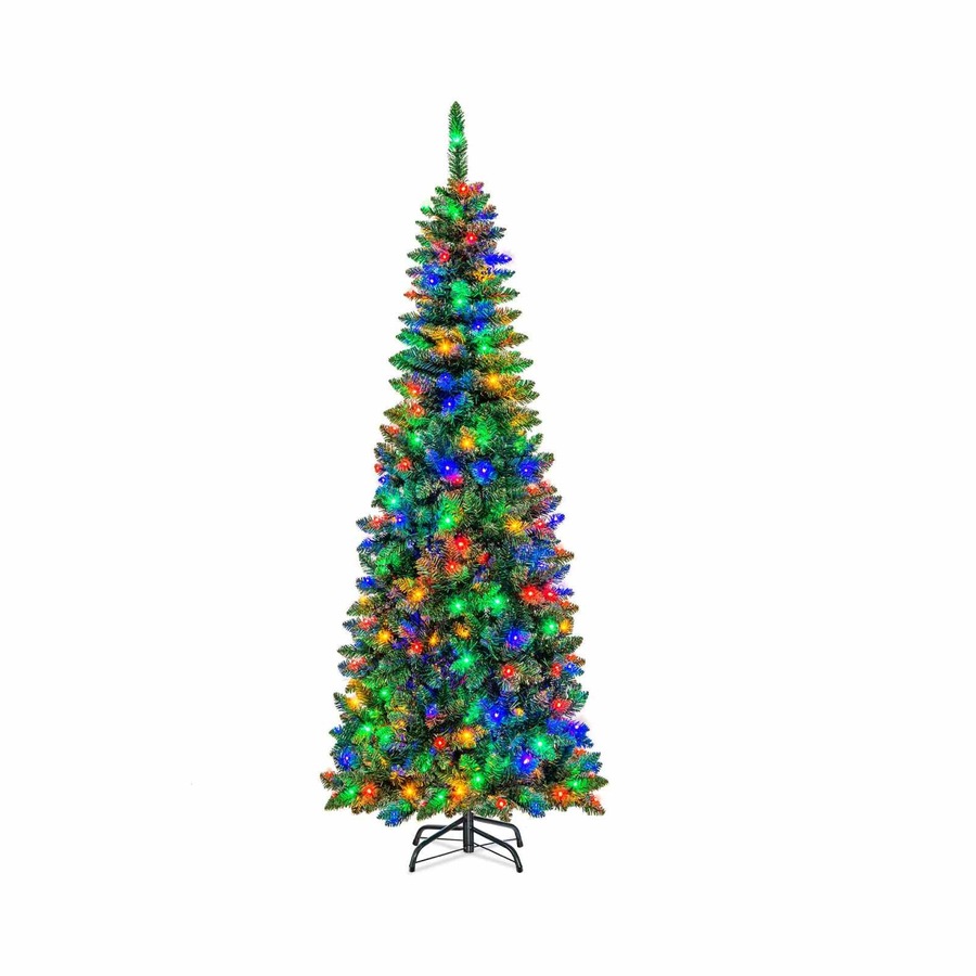 Costway 2M Pre-lit Christmas Tree PVC Tips Slim Xmas Tree Hinged w/Multicolor Lights Holiday Home Decor
