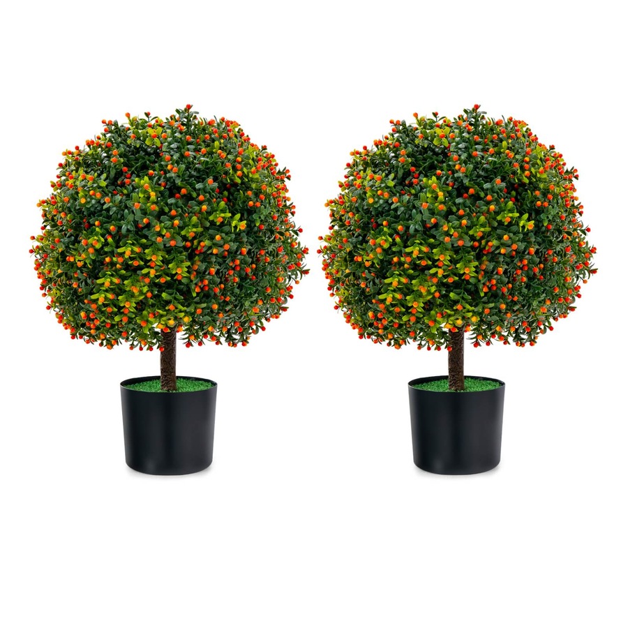 Costway 2PC 55cm Artificial Boxwood Topiary Ball Tree Faux Bushes Decorative Plants w/Mini Fake Fruits