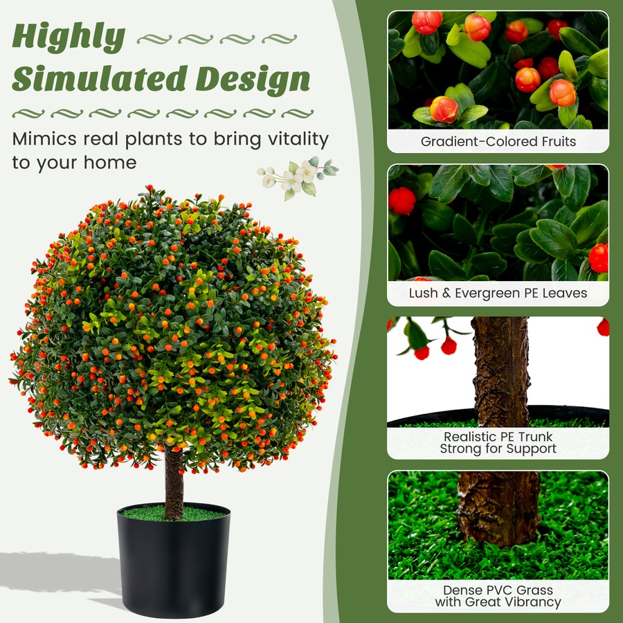 Costway 2PC 55cm Artificial Boxwood Topiary Ball Tree Faux Bushes Decorative Plants w/Mini Fake Fruits