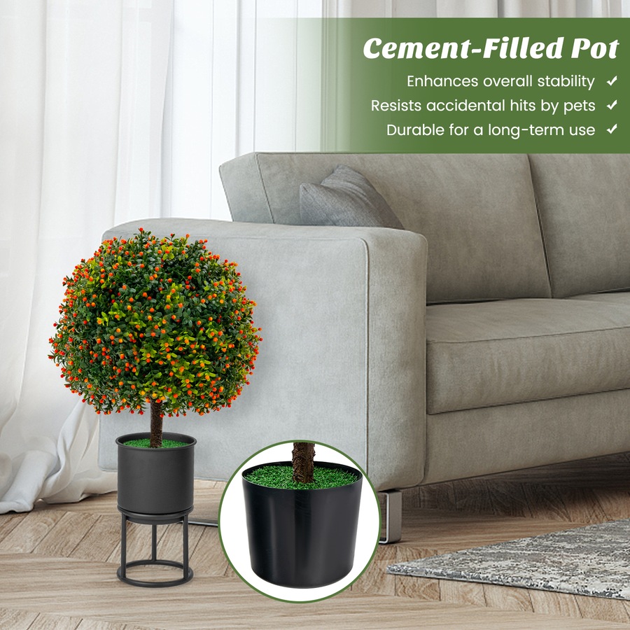 Costway 2PC 55cm Artificial Boxwood Topiary Ball Tree Faux Bushes Decorative Plants w/Mini Fake Fruits