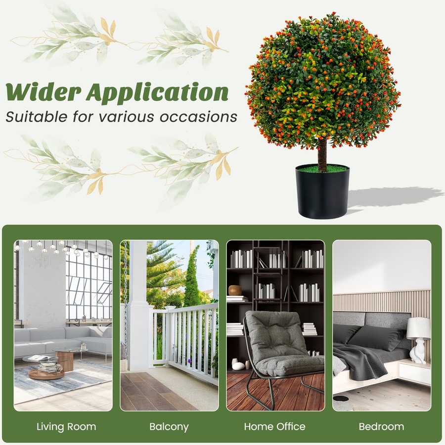 Costway 2PC 55cm Artificial Boxwood Topiary Ball Tree Faux Bushes Decorative Plants w/Mini Fake Fruits