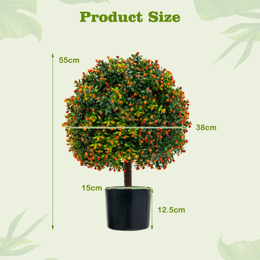 Costway 2PC 55cm Artificial Boxwood Topiary Ball Tree Faux Bushes Decorative Plants w/Mini Fake Fruits