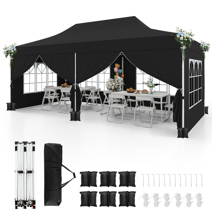Costway Gazebo 3×6m Pop up Marquee UPF50+ Wedding Party Tent Side Wall Outdoor Camping Canopy Carport w/Carrying Bag Black