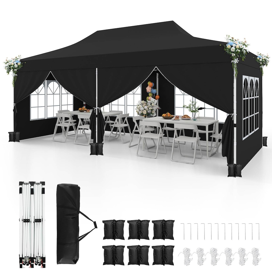 Costway Gazebo 3×6m Pop up Marquee UPF50+ Wedding Party Tent Side Wall Outdoor Camping Canopy Carport w/Carrying Bag Black