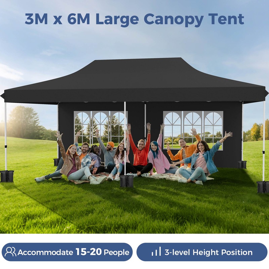 Costway Gazebo 3×6m Pop up Marquee UPF50+ Wedding Party Tent Side Wall Outdoor Camping Canopy Carport w/Carrying Bag Black