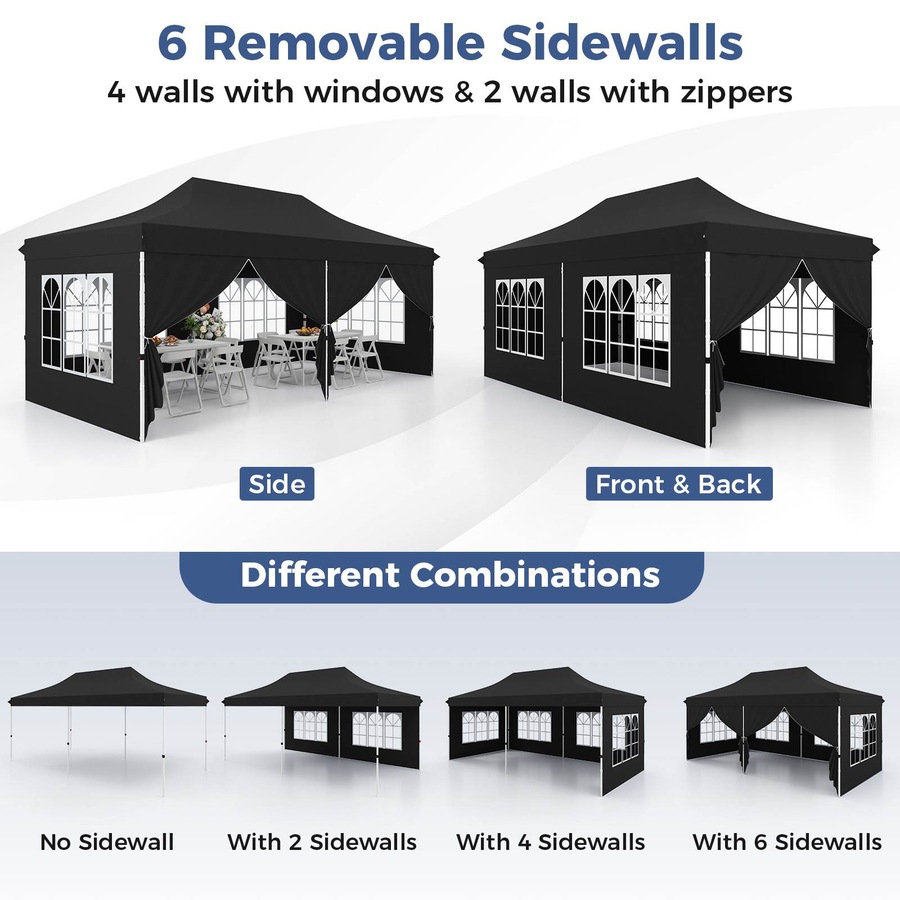 Costway Gazebo 3×6m Pop up Marquee UPF50+ Wedding Party Tent Side Wall Outdoor Camping Canopy Carport w/Carrying Bag Black