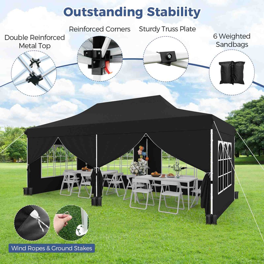 Costway Gazebo 3×6m Pop up Marquee UPF50+ Wedding Party Tent Side Wall Outdoor Camping Canopy Carport w/Carrying Bag Black