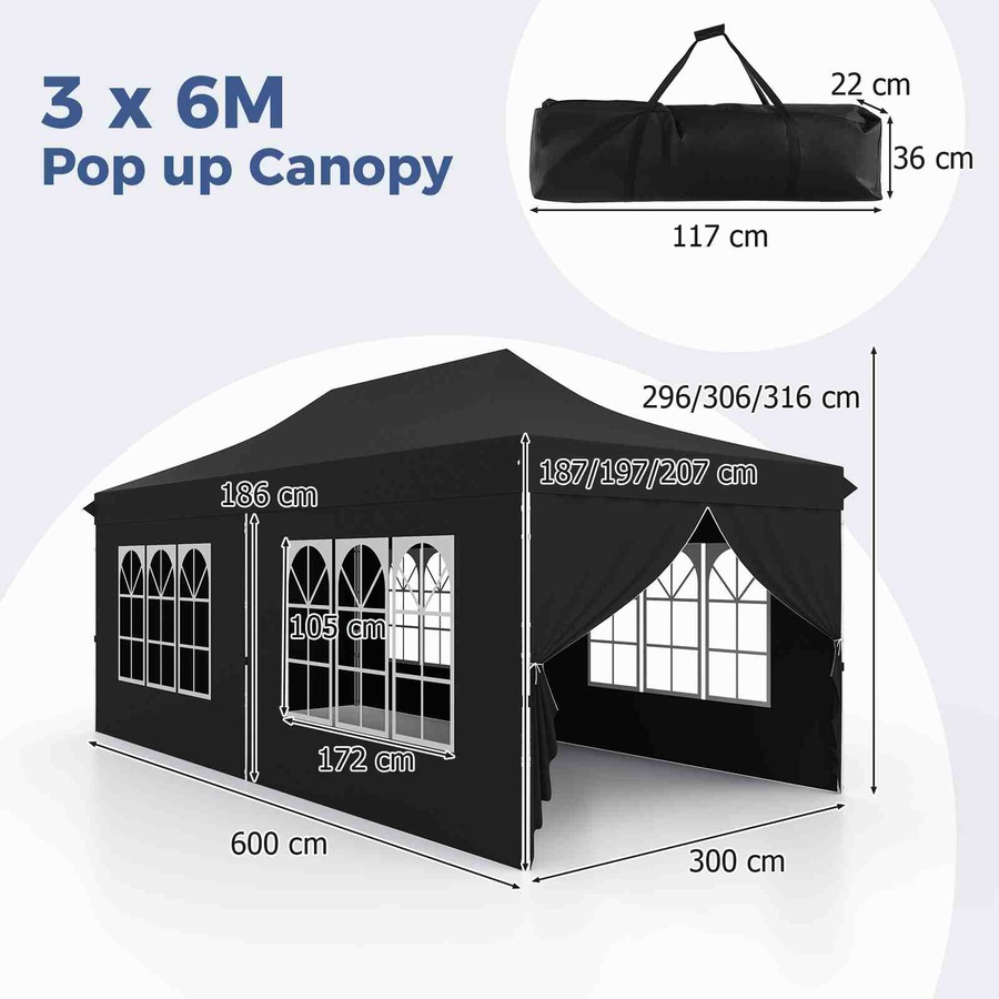 Costway Gazebo 3×6m Pop up Marquee UPF50+ Wedding Party Tent Side Wall Outdoor Camping Canopy Carport w/Carrying Bag Black
