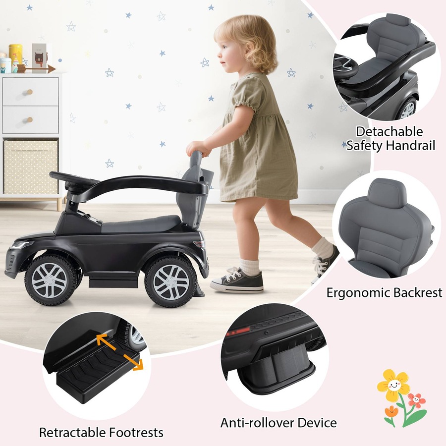 Costway 3-in-1 Push Car Ride on Toy w/Removable Handle & Guardrail Foot to Floor Sliding Car Black