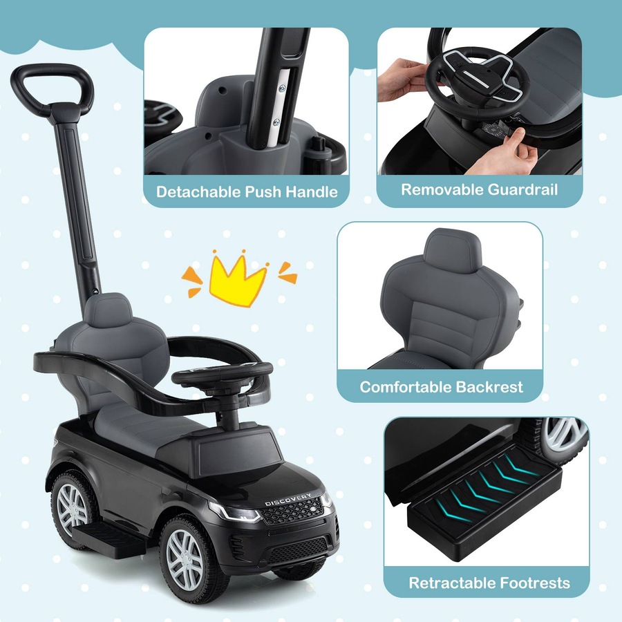 Costway 3-in-1 Push Car Ride on Toy w/Removable Handle & Guardrail Foot to Floor Sliding Car Black