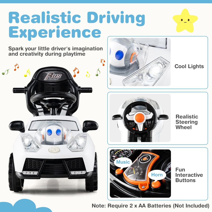 Costway 3 in 1 Ride on Push Car Stroller Sliding Walking Car w/Canopy/Music Electric Car Toy White