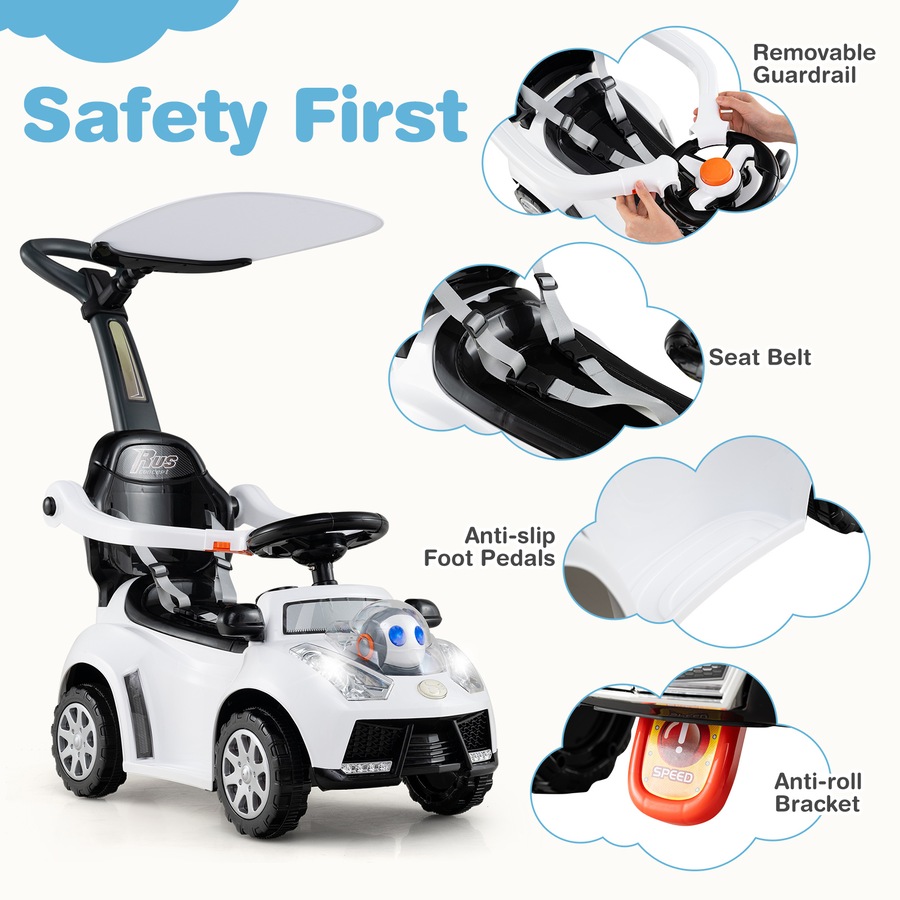 Costway 3 in 1 Ride on Push Car Stroller Sliding Walking Car w/Canopy/Music Electric Car Toy White