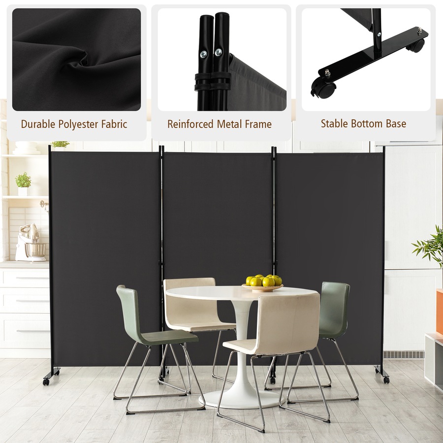 Costway 3 Panel Room Divider 1.8x2.6M Folding Privacy Screen Mobile Wall Partition Stand Home Office Large Grey