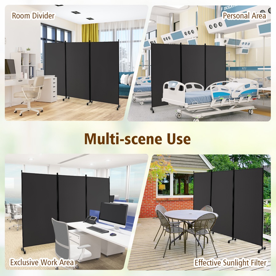 Costway 3 Panel Room Divider 1.8x2.6M Folding Privacy Screen Mobile Wall Partition Stand Home Office Large Grey
