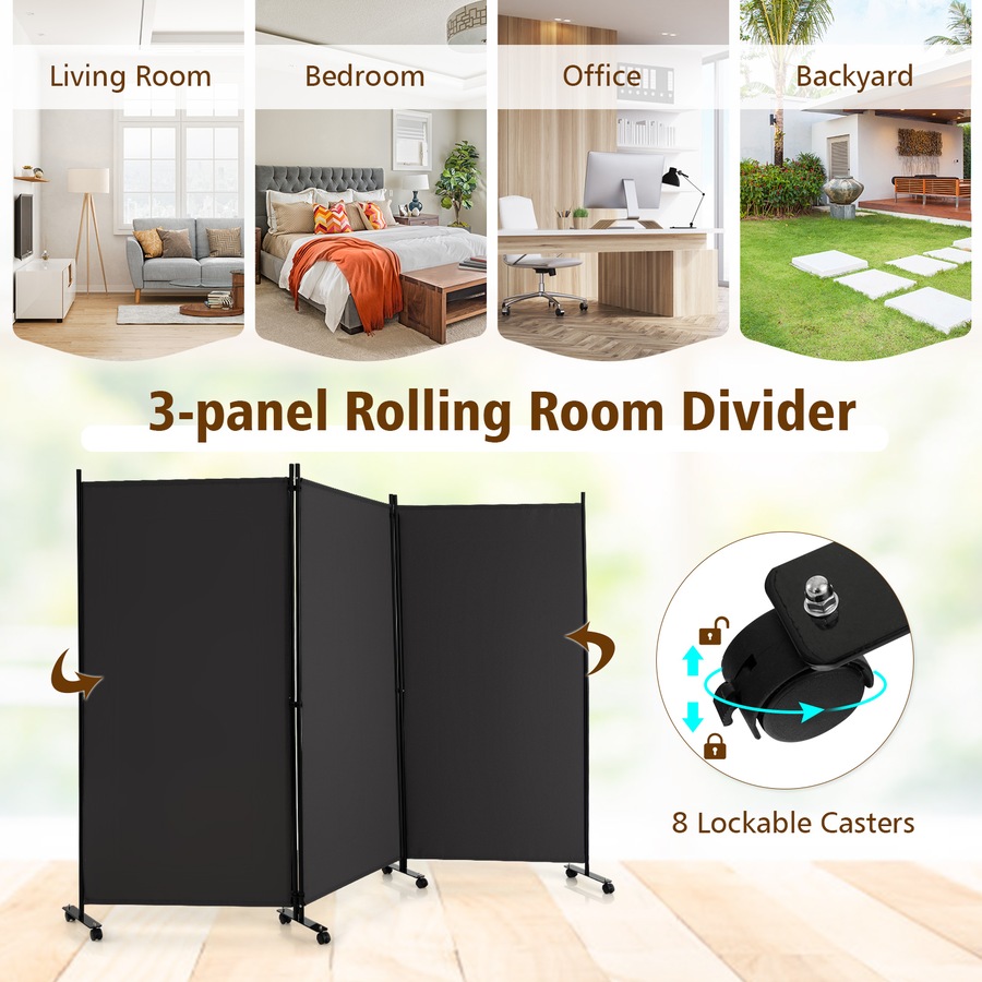 Costway 3 Panel Room Divider 1.8x2.6M Folding Privacy Screen Mobile Wall Partition Stand Home Office Large Grey