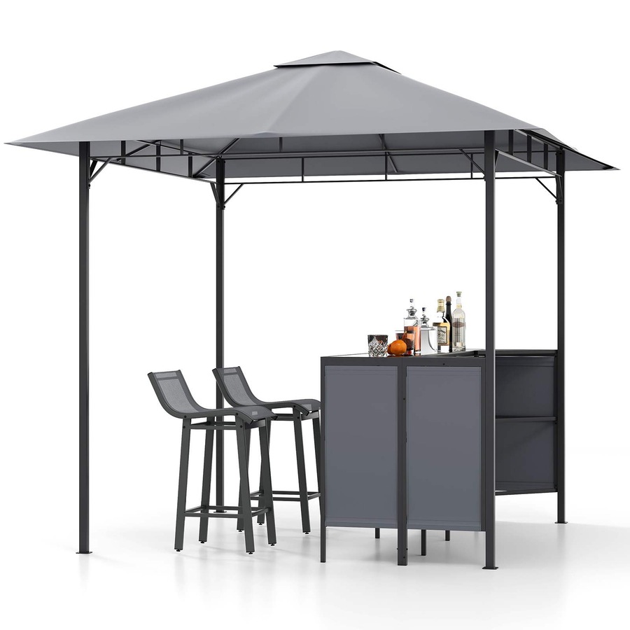 Costway 3-Piece Patio Bar Set 2.5 x 2.5 m Double-Tier Grill Gazebo w/2 Bar Stools Metal Frame Garden BBQ