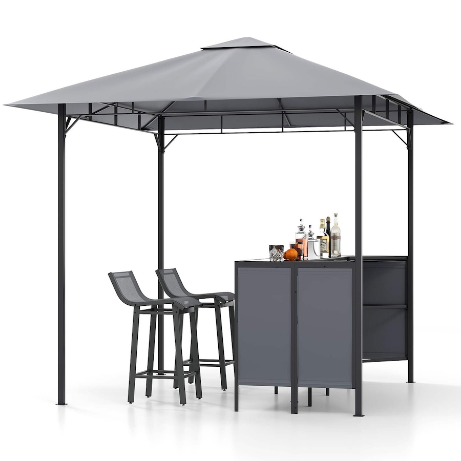 Costway 3-Piece Patio Bar Set 2.5 x 2.5 m Double-Tier Grill Gazebo w/2 Bar Stools Metal Frame Garden BBQ