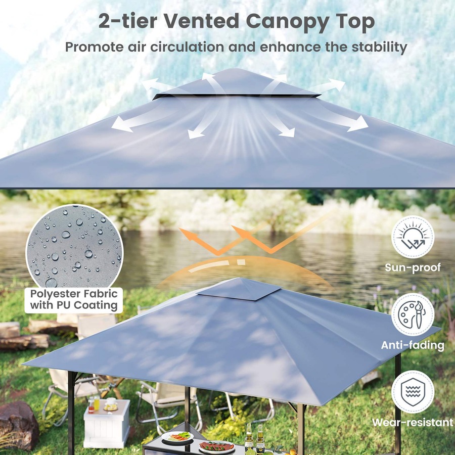 Costway 3-Piece Patio Bar Set 2.5 x 2.5 m Double-Tier Grill Gazebo w/2 Bar Stools Metal Frame Garden BBQ