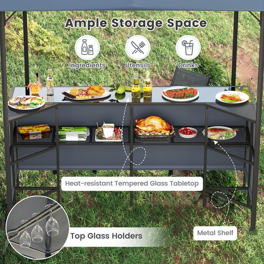 Costway 3-Piece Patio Bar Set 2.5 x 2.5 m Double-Tier Grill Gazebo w/2 Bar Stools Metal Frame Garden BBQ