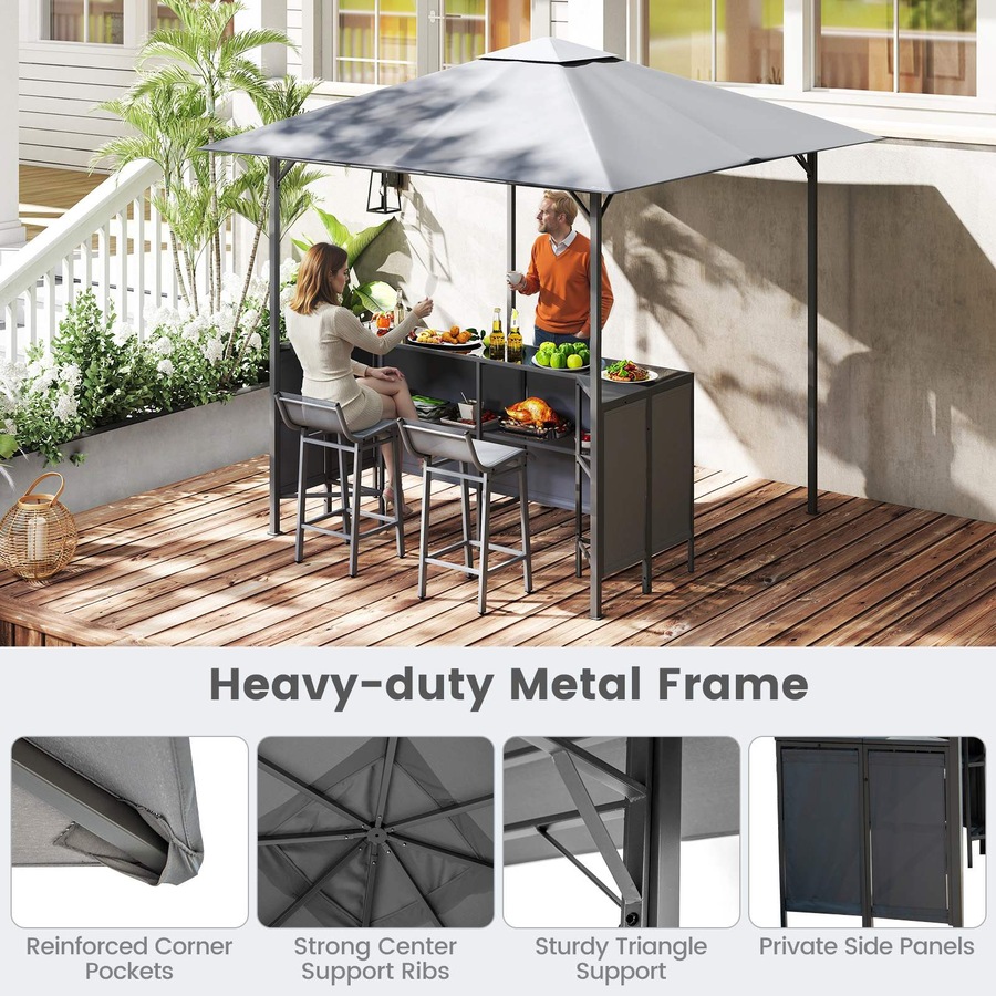 Costway 3-Piece Patio Bar Set 2.5 x 2.5 m Double-Tier Grill Gazebo w/2 Bar Stools Metal Frame Garden BBQ