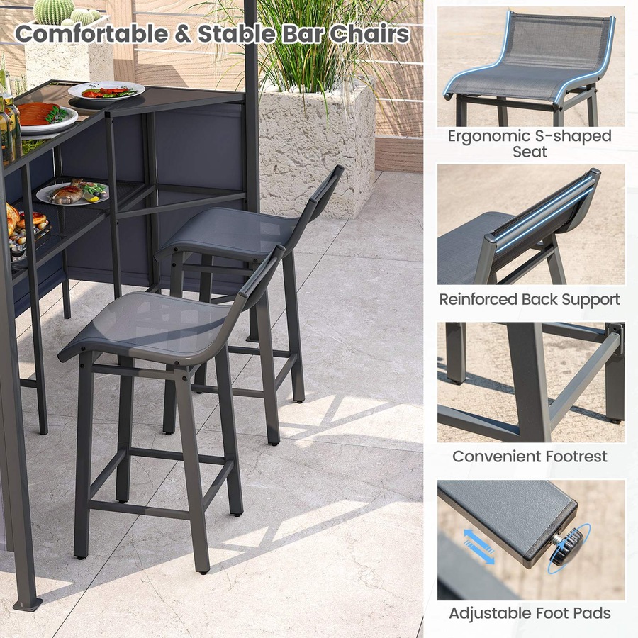 Costway 3-Piece Patio Bar Set 2.5 x 2.5 m Double-Tier Grill Gazebo w/2 Bar Stools Metal Frame Garden BBQ