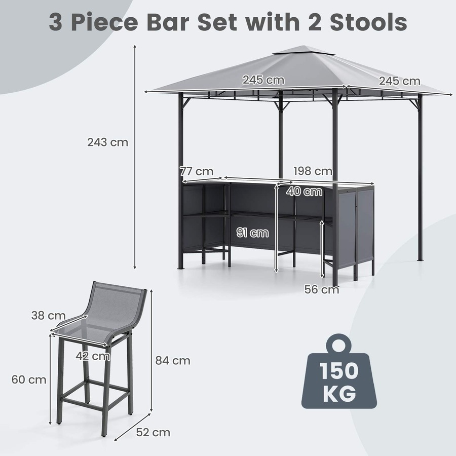 Costway 3-Piece Patio Bar Set 2.5 x 2.5 m Double-Tier Grill Gazebo w/2 Bar Stools Metal Frame Garden BBQ