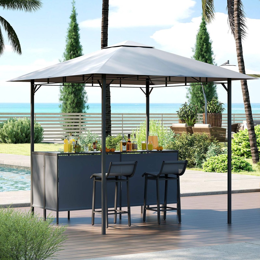 Costway 3-Piece Patio Bar Set 2.5 x 2.5 m Double-Tier Grill Gazebo w/2 Bar Stools Metal Frame Garden BBQ