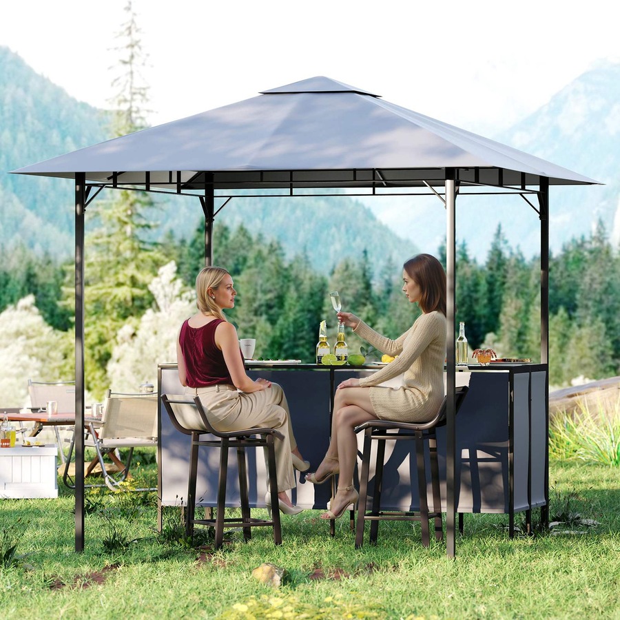 Costway 3-Piece Patio Bar Set 2.5 x 2.5 m Double-Tier Grill Gazebo w/2 Bar Stools Metal Frame Garden BBQ
