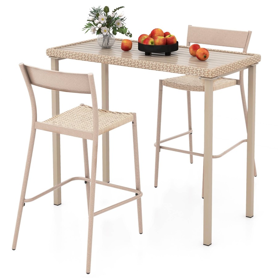 Costway 3 Pieces Patio Bar Table Set Outdoor Bar Wicker Table & Chairs w/Rattan Slanted Backrest Footrest