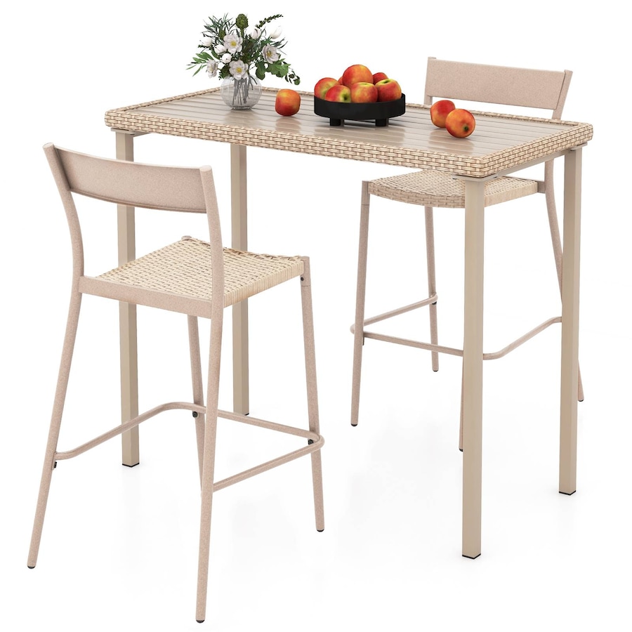 Costway 3 Pieces Patio Bar Table Set Outdoor Bar Wicker Table & Chairs w/Rattan Slanted Backrest Footrest