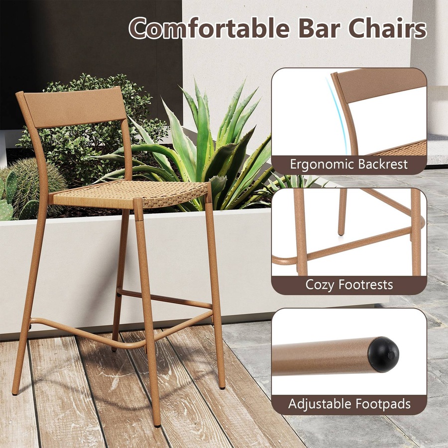 Costway 3 Pieces Patio Bar Table Set Outdoor Bar Wicker Table & Chairs w/Rattan Slanted Backrest Footrest