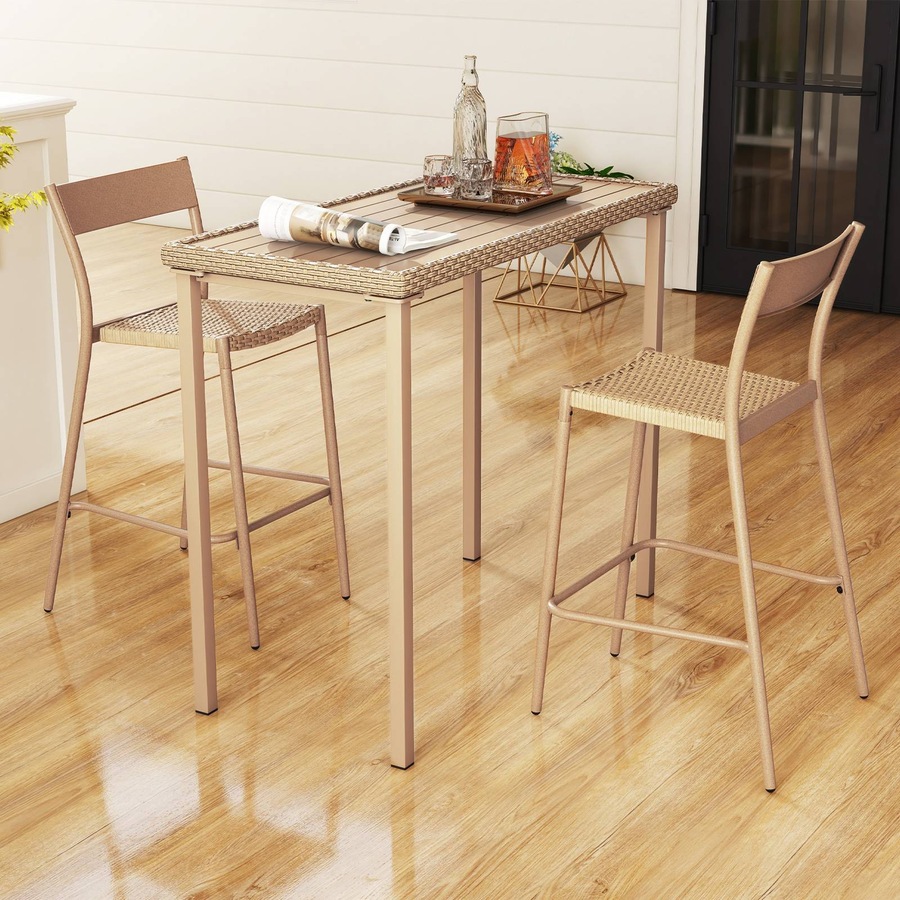 Costway 3 Pieces Patio Bar Table Set Outdoor Bar Wicker Table & Chairs w/Rattan Slanted Backrest Footrest