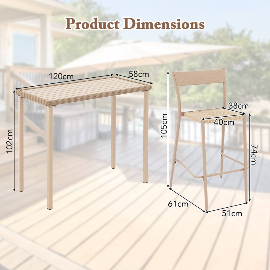 Costway 3 Pieces Patio Bar Table Set Outdoor Bar Wicker Table & Chairs w/Rattan Slanted Backrest Footrest