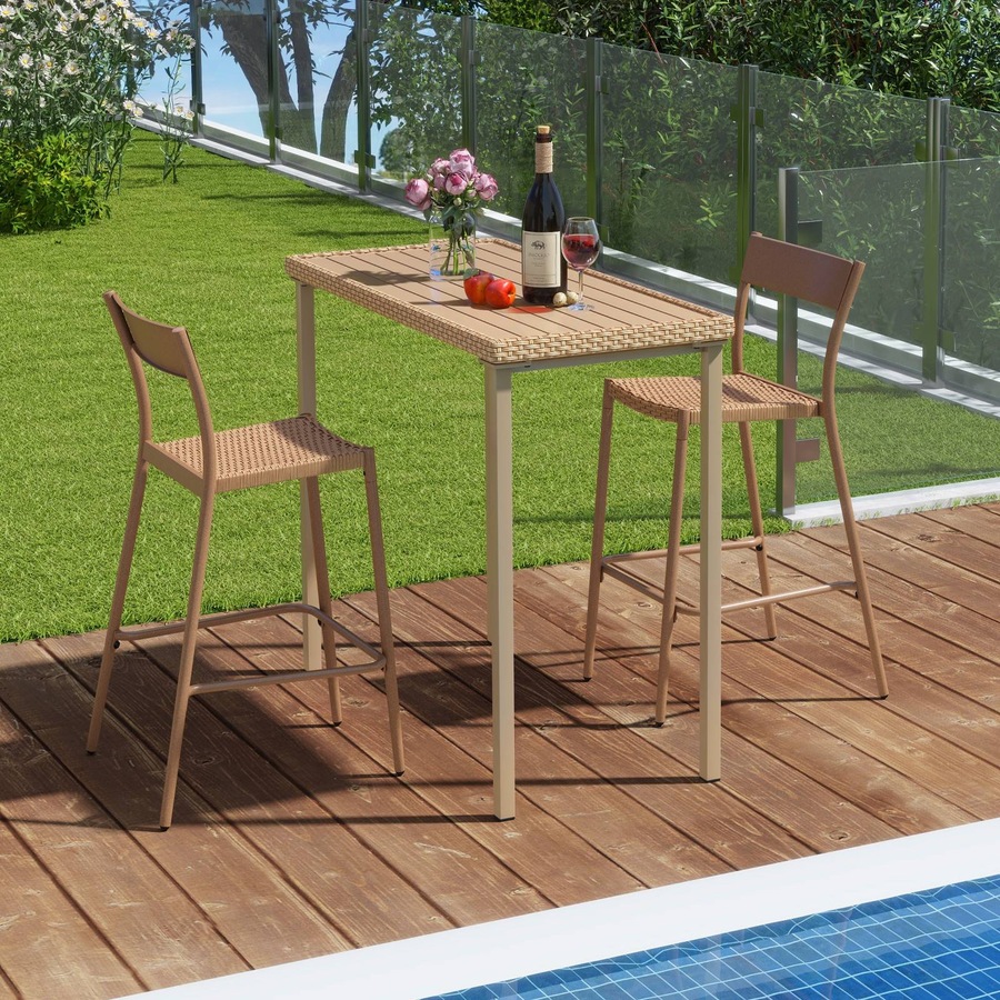 Costway 3 Pieces Patio Bar Table Set Outdoor Bar Wicker Table & Chairs w/Rattan Slanted Backrest Footrest