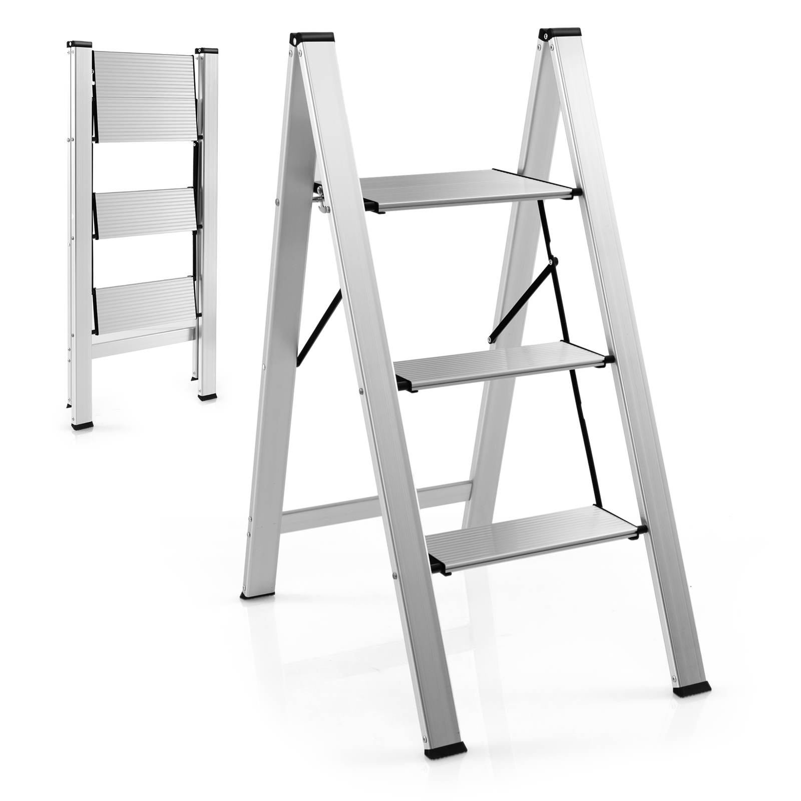 Costway 3 Step Aluminum Folding Ladder Non slip Household Silver Australia